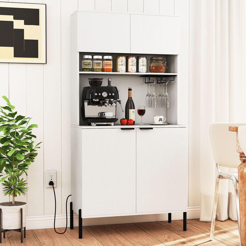 Tall Kitchen Storage Cabinet 64.5 Inches with Power Outlet and Wine Glass Rack image number 4