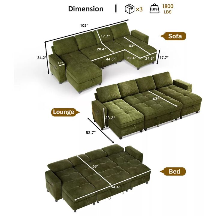 105" U-Shaped Sleeper Sofa Bed, Chenille Pull Out Couch with Reversible Storage Chaise, 5-Position