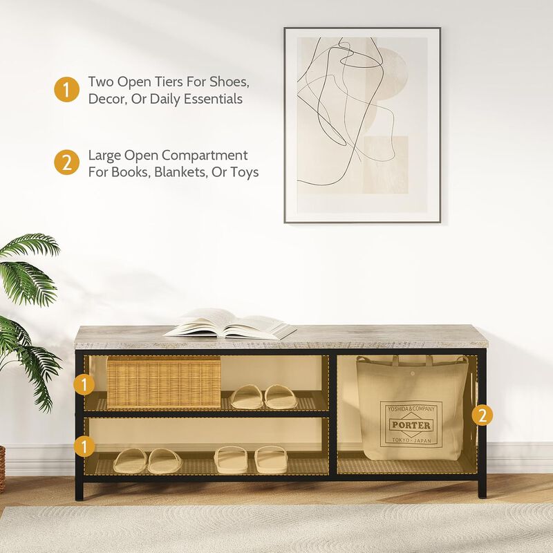 Shoe Bench with Shoe Rack, 47.2" L Entryway Bench with Seating, 2-Tier Shoe Organizer with Rustic Wood Top & Metal Frame for Entryway image number 3