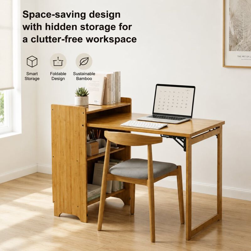 GOODSILO Bamboo Folding Desk Space Saving Foldable Table for Home Office Bedroom Computer Workstation Vanity with Hidden Storage for Small Spaces image number 4