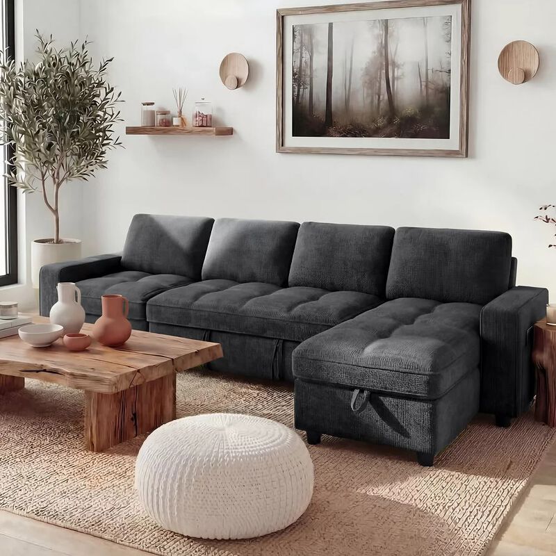 105" U-Shaped Sleeper Sofa Bed, Chenille Pull Out Couch with Reversible Storage Chaise, 5-Position image number 3