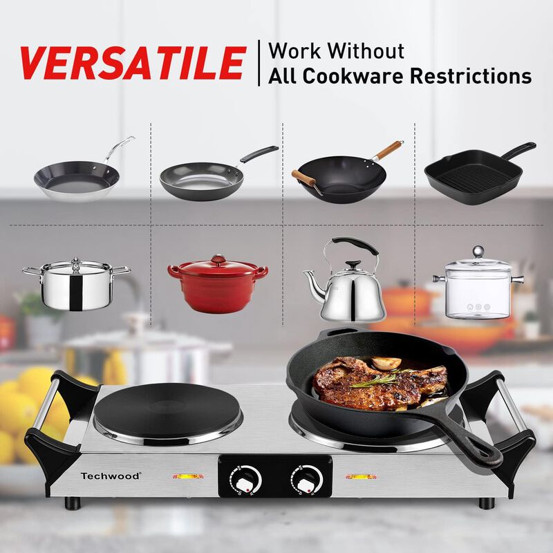 Techwood 1800W Stainless Steel Dual Hot Plate with Stay Cool Handles, Stainless Steel image number 1
