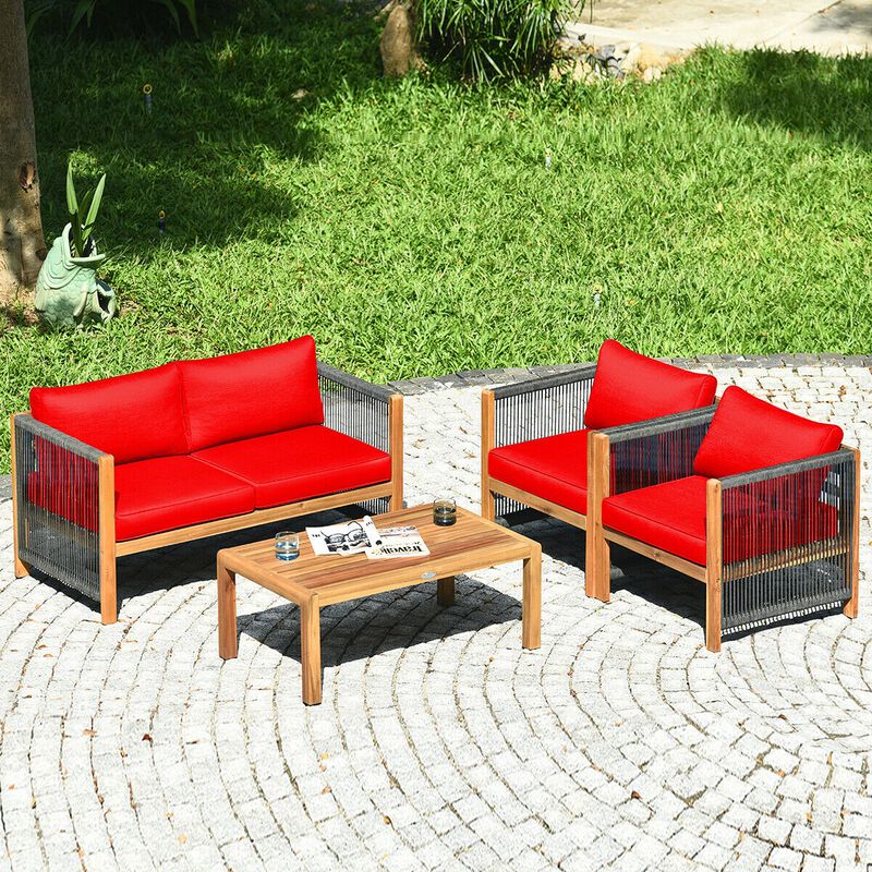 4 Pieces Acacia Wood Outdoor Patio Furniture Set with Cushions