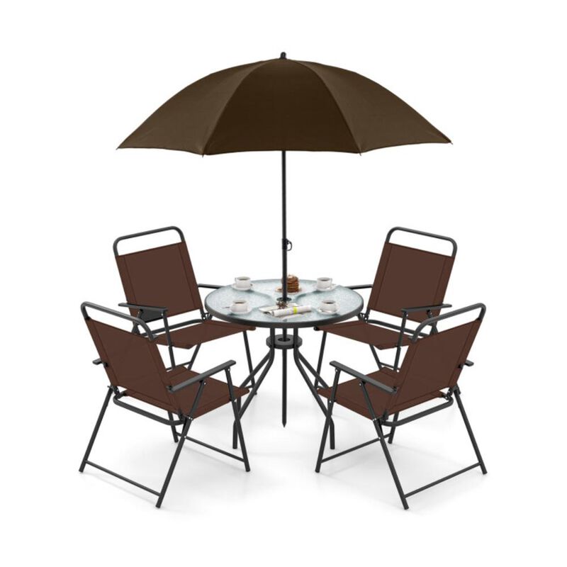 Hivvago 6 Pieces Patio Dining Set Folding Chairs Glass Table Tilt Umbrella for Garden