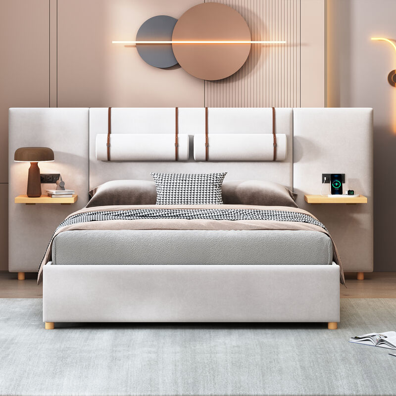 Merax Velvet Platform Bed  with Built-in Pillows