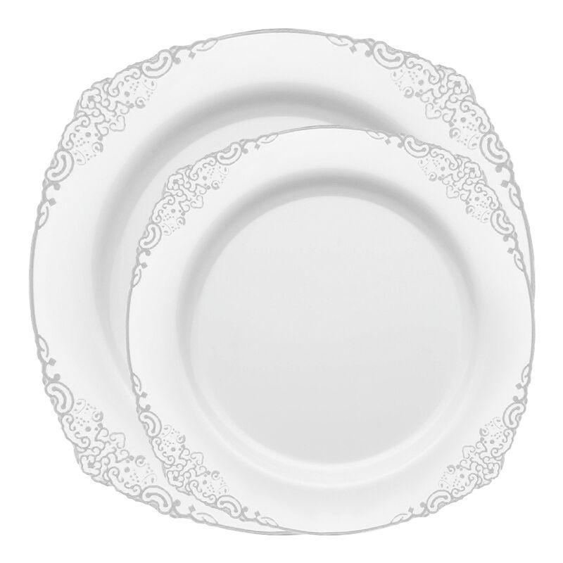 White with Silver Fancy Round Plastic Dinnerware Value Set (60 Sets) image number 0