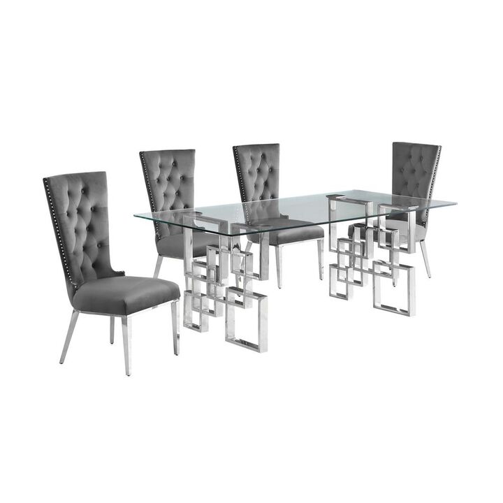 5-piece glam dining set with 4 dark grey chairs and a 79" long glass  table
