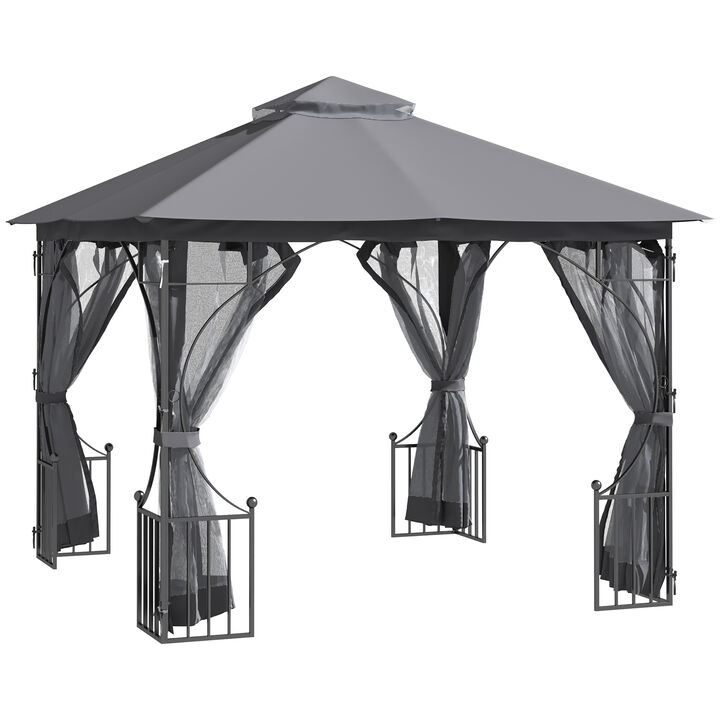 Outsunny 10' x 10' Patio Gazebo, Double Roof Outdoor Gazebo Canopy Shelter with Netting, Steel Corner Frame for Garden, Lawn, Backyard and Deck, Dark Gray