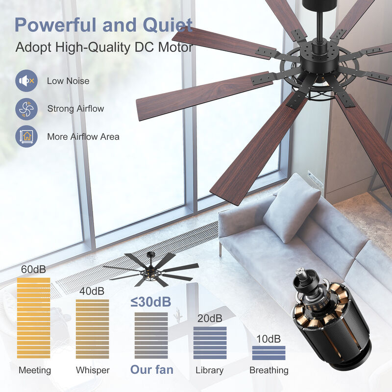 Breezary 65 in Traditional Ceiling Fan with Light,8 Blade Plywood Fan, E26 x2 Bulbs,Remote Control image number 4