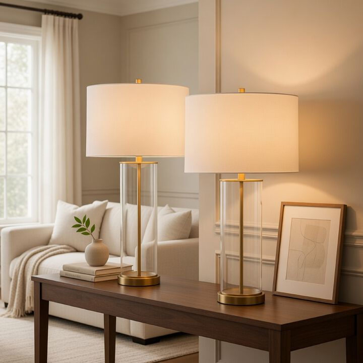 Table Lamp Set of 2, Off White Shade, Round Glass Base, Brass Accents