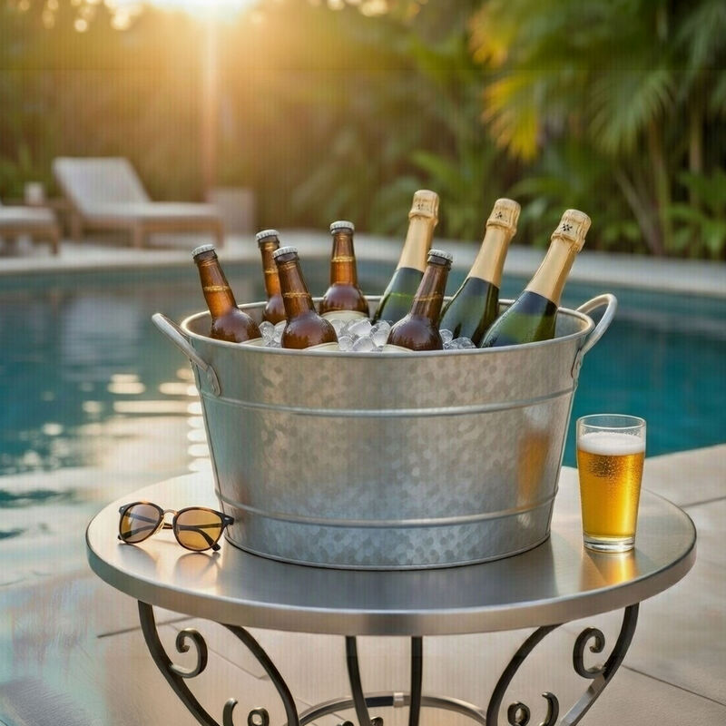 Lola 23 Inch Beverage Tub, Galvanized Antique Silver Steel, 2 Handles image number 6