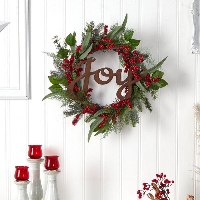 Hivvago 24" Joy and Berries Artificial Christmas Wreath