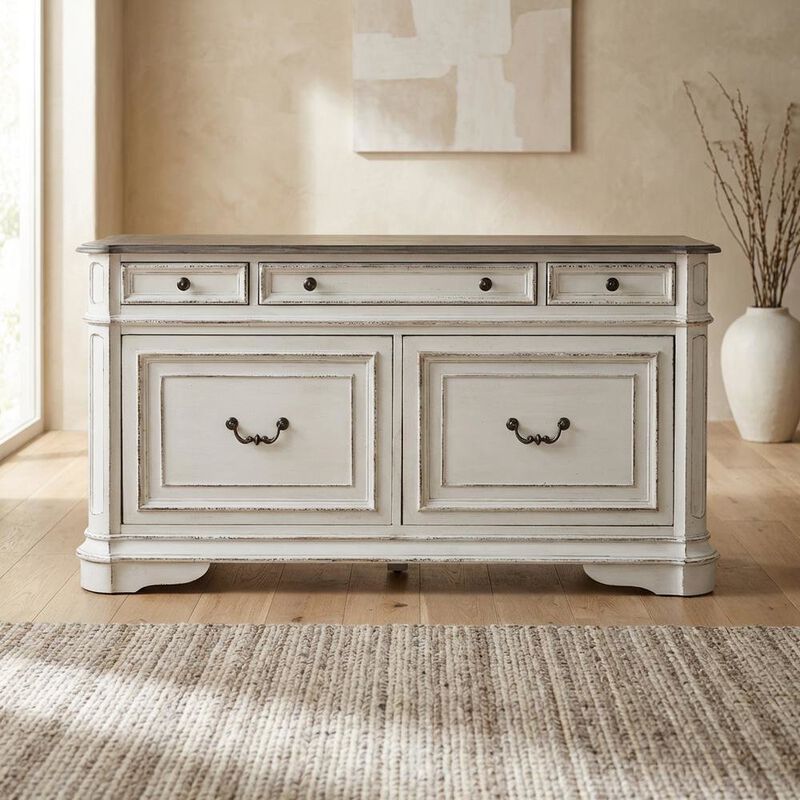 Liberty Furniture Antique White Credenza with Weathered Bark Finish, European Traditional Style image number 2