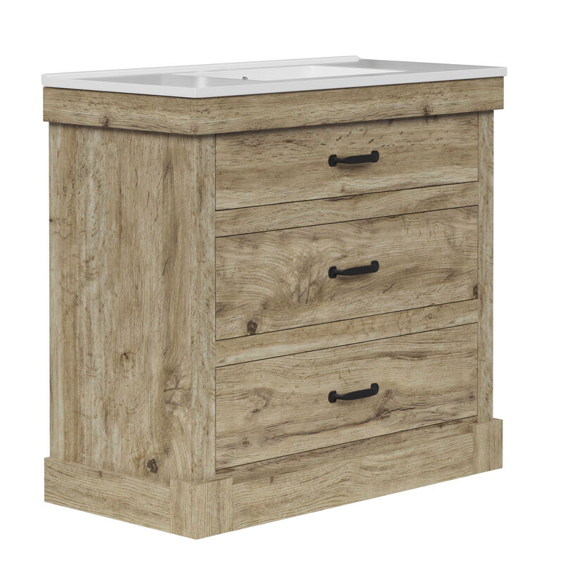 Teamson Home Donovan 36" Single Bathroom Vanity with Integrated Square Sink and Two Drawers, Light Oak image number 3