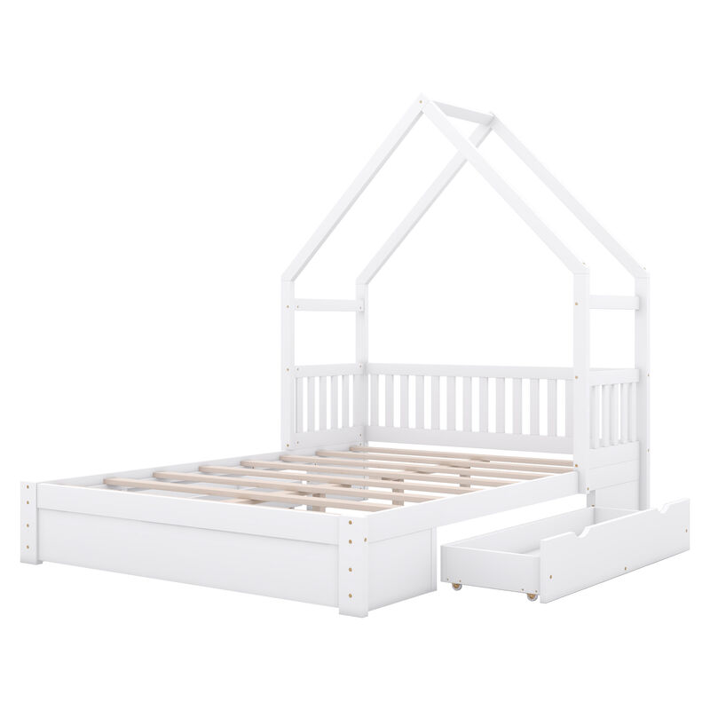 Whisen Queen Size Wood House Platform Bed with Guardrail and 2 Drawers - White