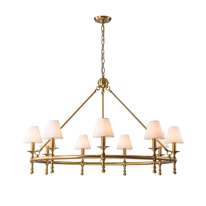 47'' 9-Light Extra Large Vintage Brass Chandelier with White Fabric Shades For Dining Room or Living Room