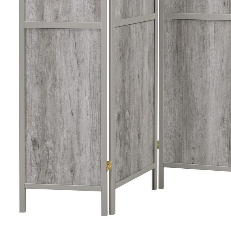 70 Inch Modern 4 Panel Folding Screen Room Divider, Rustic Gray Wood Finish - Benzara