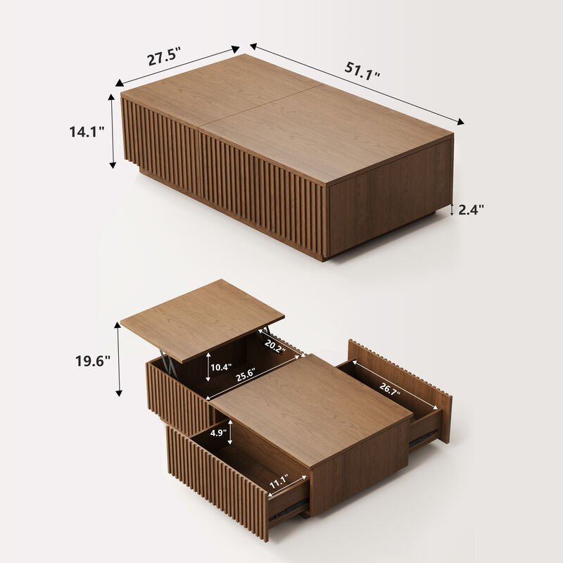 Wooden Coffee Table with 2 Drawers & Lift-Top Storage Legless 51.1" Brown