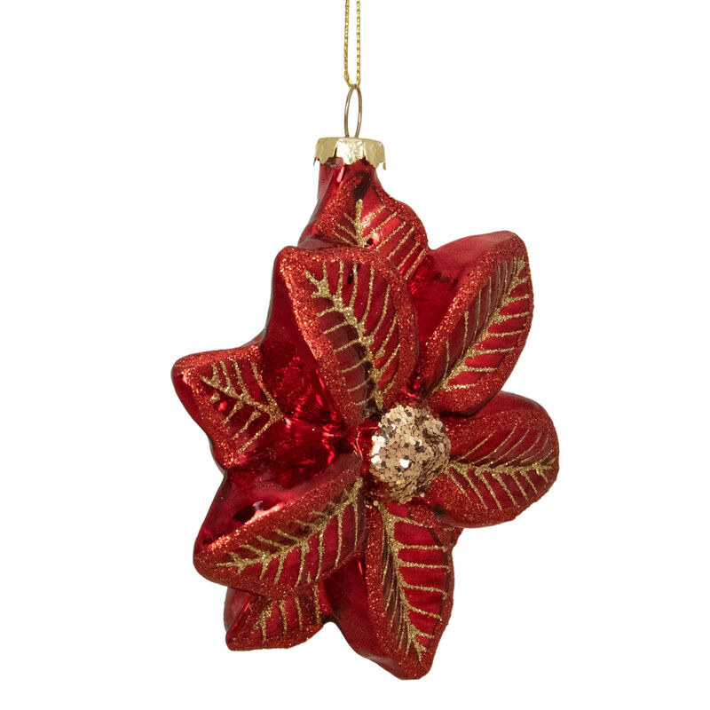 4.5" Red and Gold Glittery Poinsettia Glass Christmas Ornament image number 2