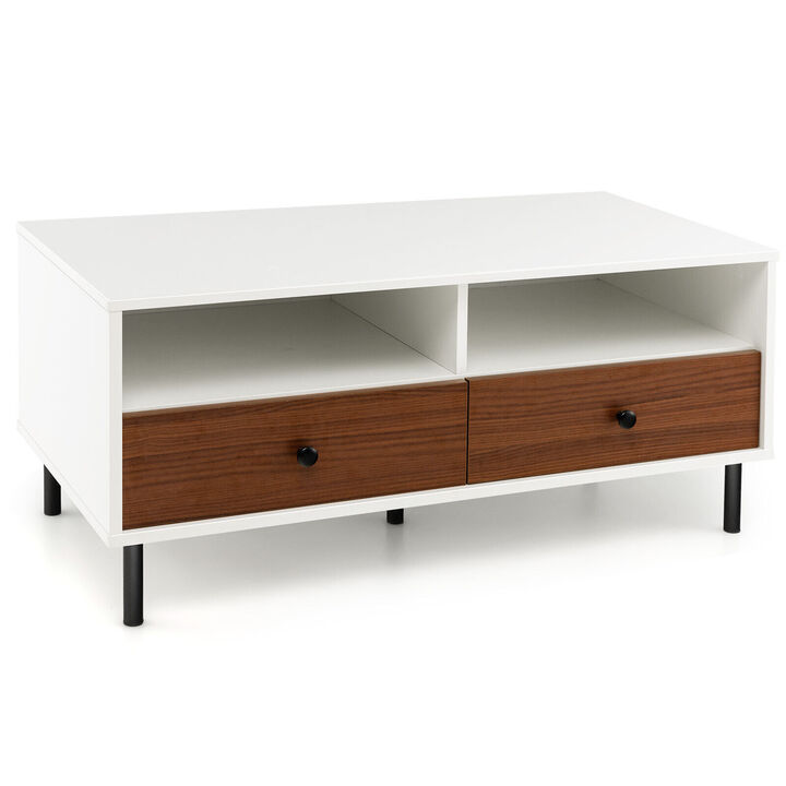2 Tier 40 Inch Length Modern Rectangle Coffee Table with Storage Shelf and Drawers-White