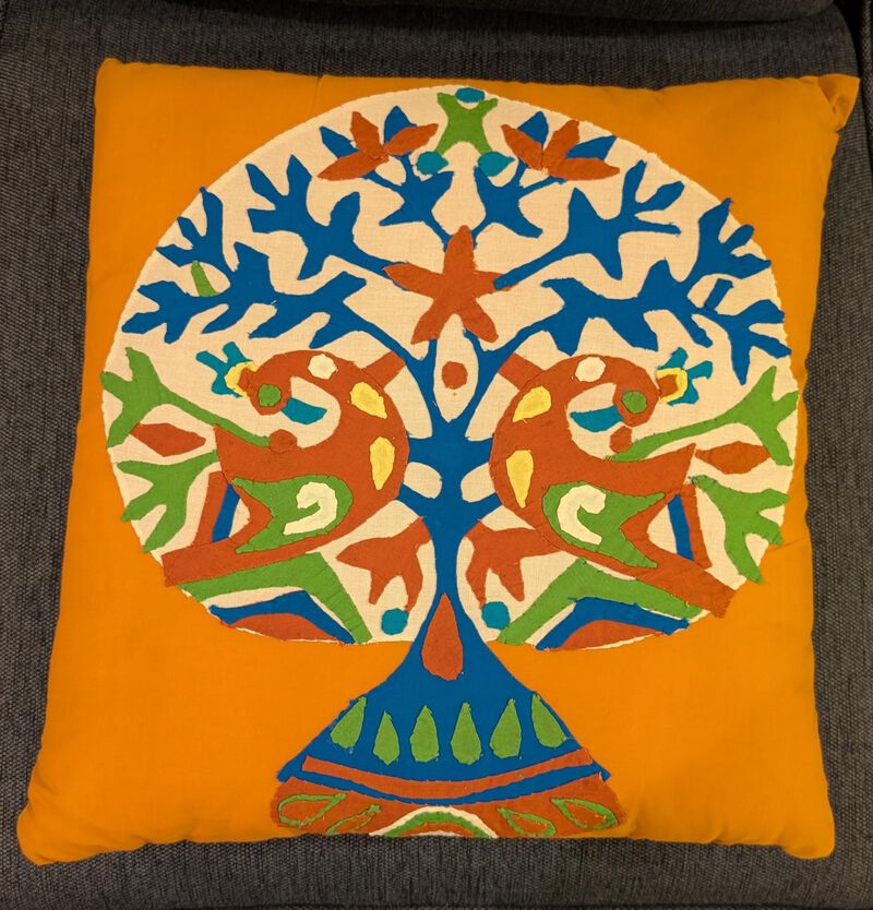 HomeRoots Set of Two 16" Orange And Blue Patchwork Tree Cotton Throw Pillows with Applique And Embroidery image number 3