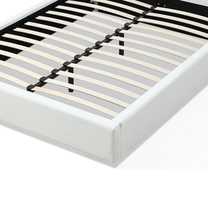 Uma King Size Platform Bed, Tall Panel Headboard, Cream Canvas Upholstery - Benzara