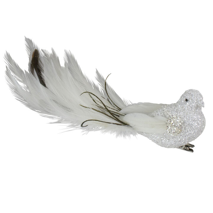 8" White and Black Glittered Bird with Feather Tail Christmas Ornament with Clip