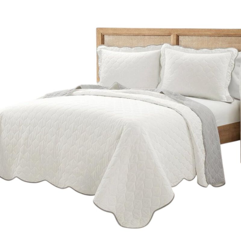 Hivvago White Grey Scalloped Edge Reversible Thin Light Quilt Set