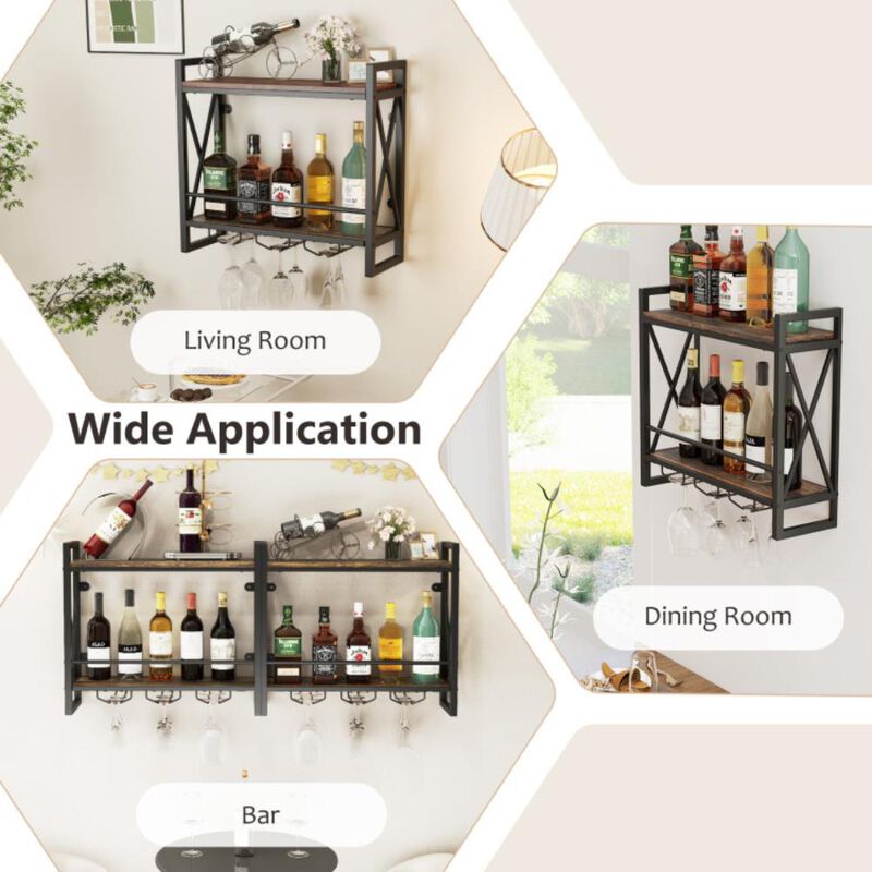 Hivvago Wall Mounted Wine Rack with 2-Tier Shelves and 3 Glass Holders