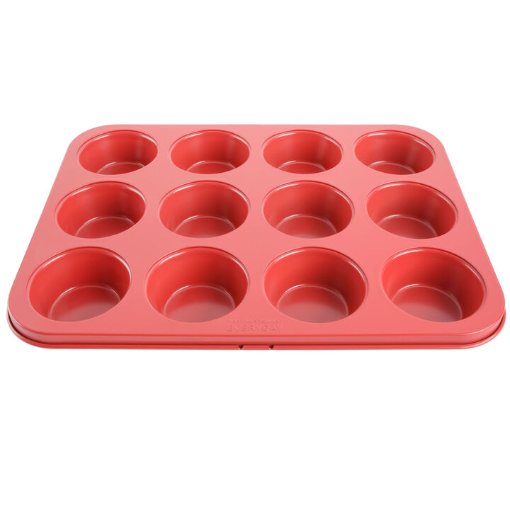 Martha Stewart 12-Cup Nonstick Carbon Steel Muffin Pan in Red