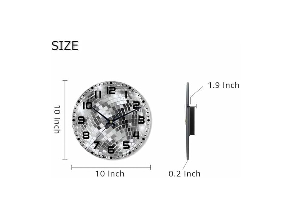 Mirror Ball Black White Gray Wood Wall Clock 10 Inch Silent Non Ticking