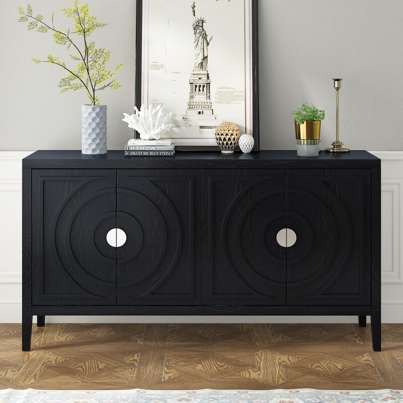 Whisen Retro Sideboard with Circular Groove Design Round Metal Door Handle - Black