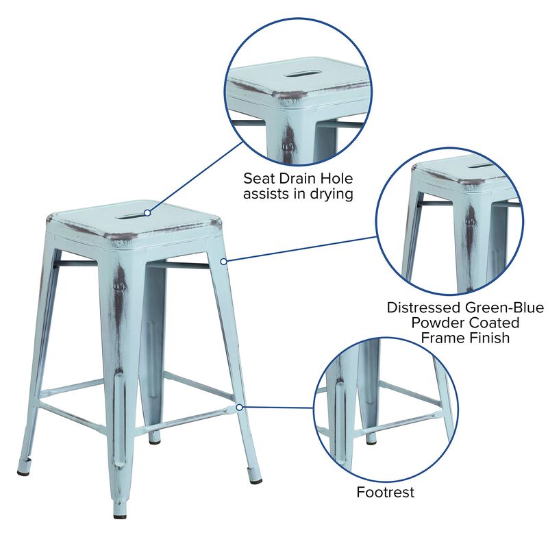 Flash Furniture Commercial Grade 24" High Backless Distressed Green-Blue Metal Indoor-Outdoor Counter Height Stool