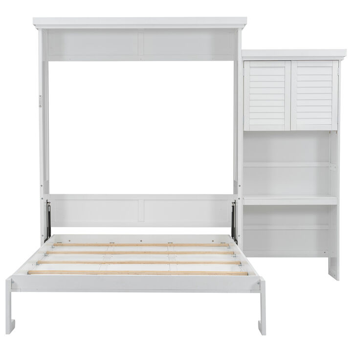 Whisen Queen Size Murphy Bed with Multiple Storage Shelves and Louvered Style Decoration