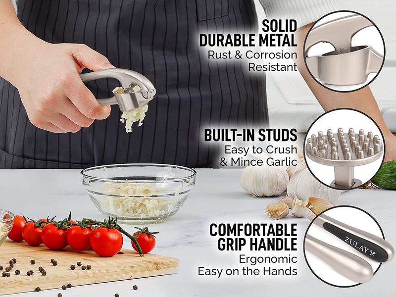 Easy to Squeeze Professional Grade Garlic Press and Peeler Set