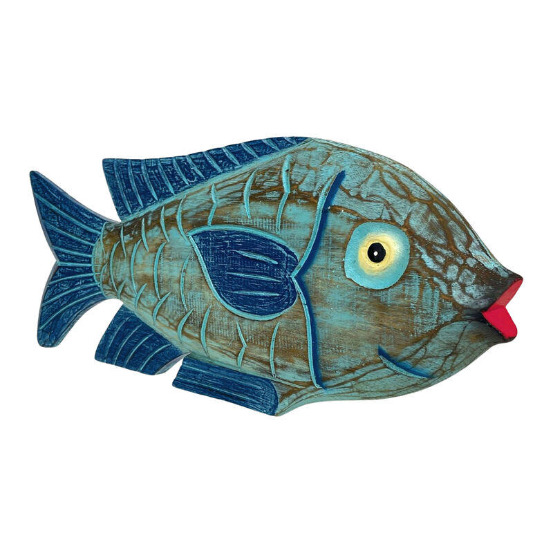 Hand Carved Blue Wooden Fish Statue 19" Nautical Coastal Decor Wood Accent image number 5
