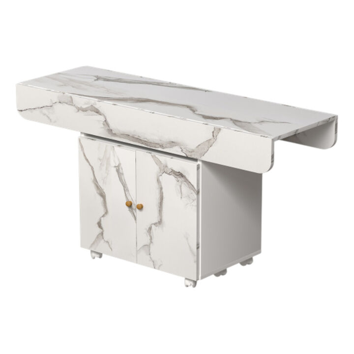 Folding Dining Table with Wheels &ndash; Wood Table with Storage Rack, Cabinet, and Marble Top
