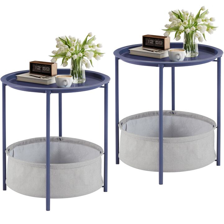 VECELO Round Side/End Table with Fabric Storage Basket