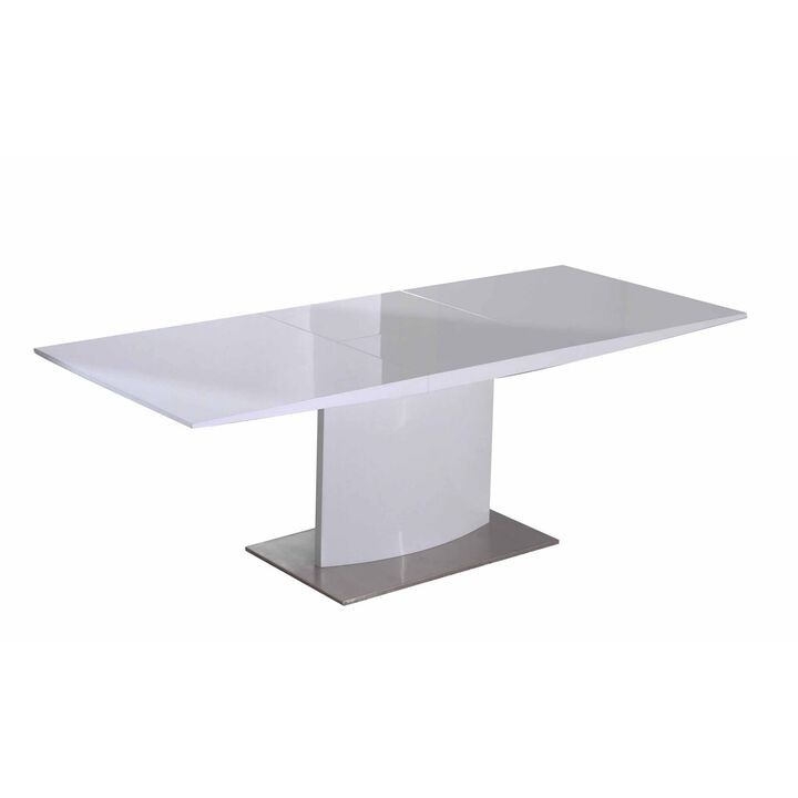 63-87 Inch Extendable Dining Table, White Lacquer Top, Stainless Steel - Benzara