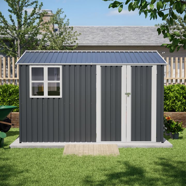 10X8FT Outdoor Steel Storage Shed with Clear Window,Lockable Doors,Weather-Resistant Metal Tool Shed