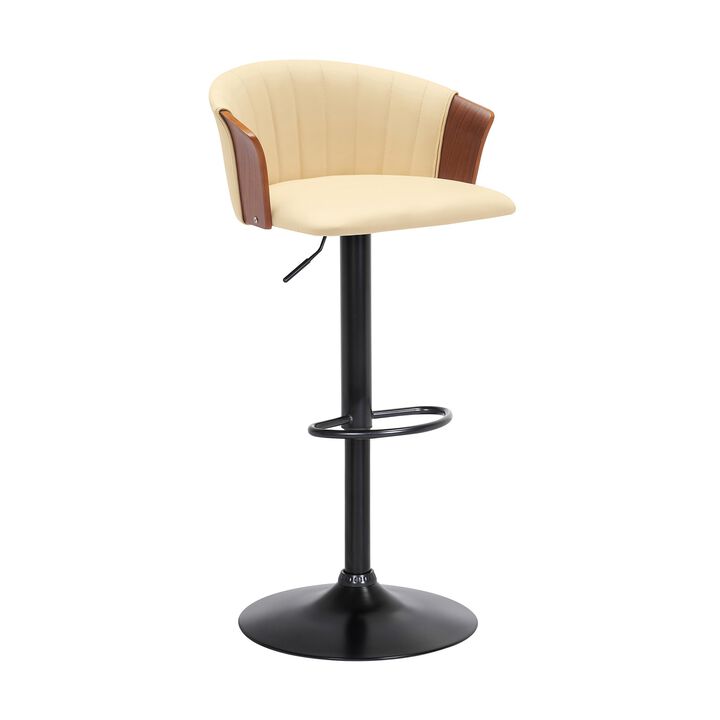 Adjustable Walnut Wood Bar Stool in Cream Faux Leather with Black Metal