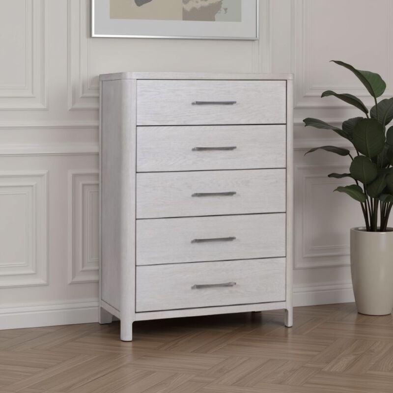 Reham Tall Dresser Chest, 5 Drawers, Pewter Handles, White Wash Brown - Benzara