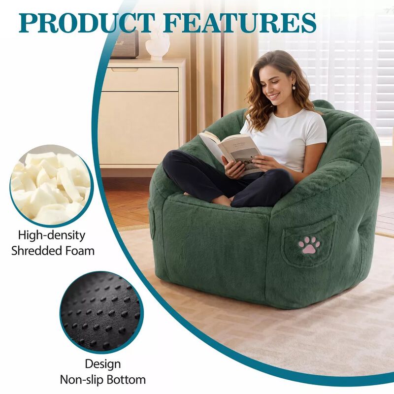 Vipbear Bean Bag Chair for Adults,Faux Fur Memory Foam Bean Bag Couch Sofa High Back, Reading Chair image number 3