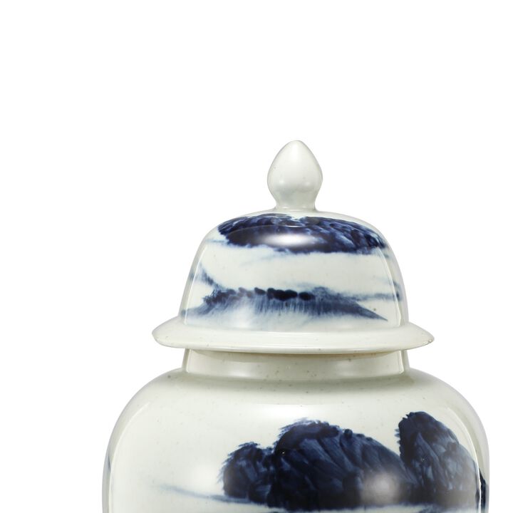Ceramic Windswept Ginger Jar In White And Blue - Benzara