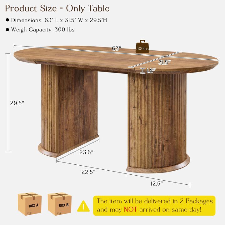 63" Oval Dining Table for 4-6, Fluted Base, Marble-Look Top, 300 lb Capacity