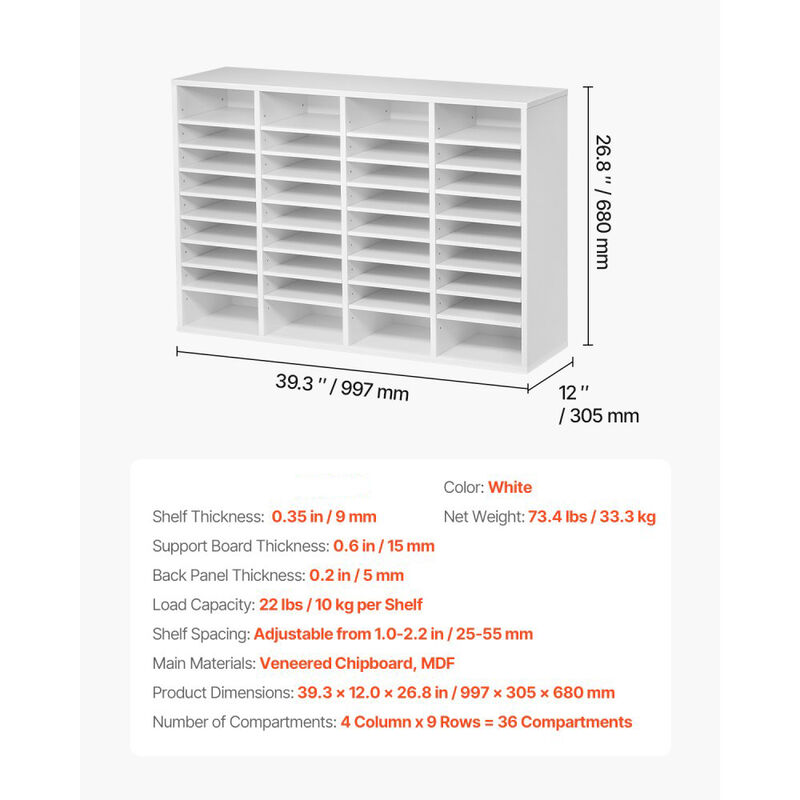 Wooden Literature Organizer with Adjustable Shelves, 36 Slot Mailbox for Office & Classroom image number 2