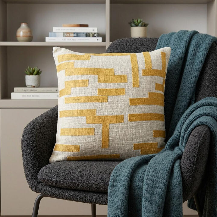 HomeRoots 24" Yellow and Ivory Geometric Cotton Blend Throw Pillow With Embroidery