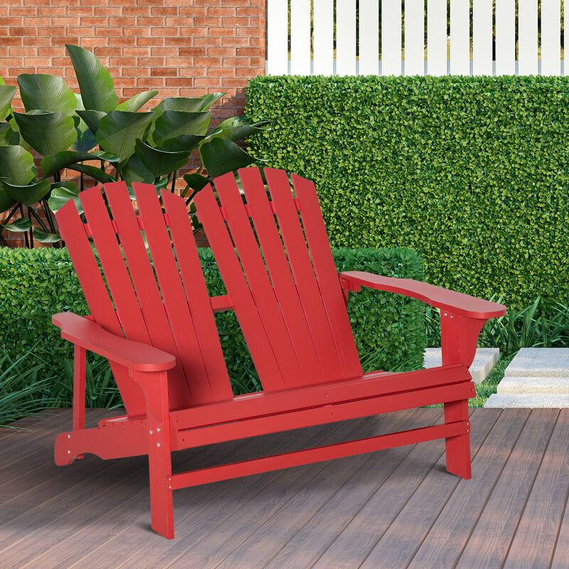 Outsunny 2 Person Adirondack Loveseat, Fire Pit Chair for 2, Wooden Double Adirondack for Patio, Porch, Backyard, Garden with High-back, Wide Armrests, Red