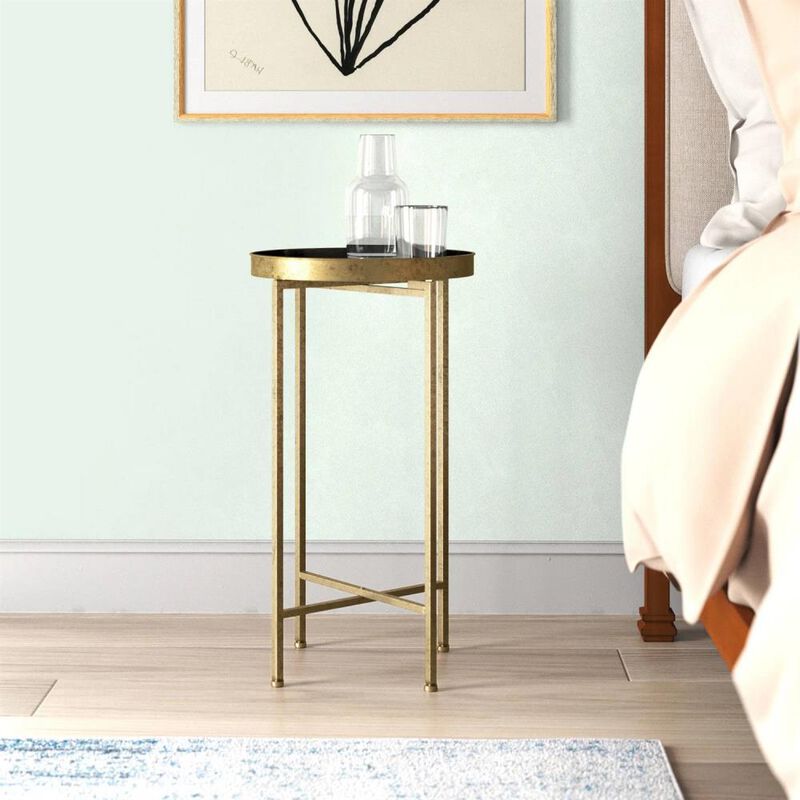 Hivvago Gold Finish Metal Round End Table Nightstand with Removable Teal Tray Top