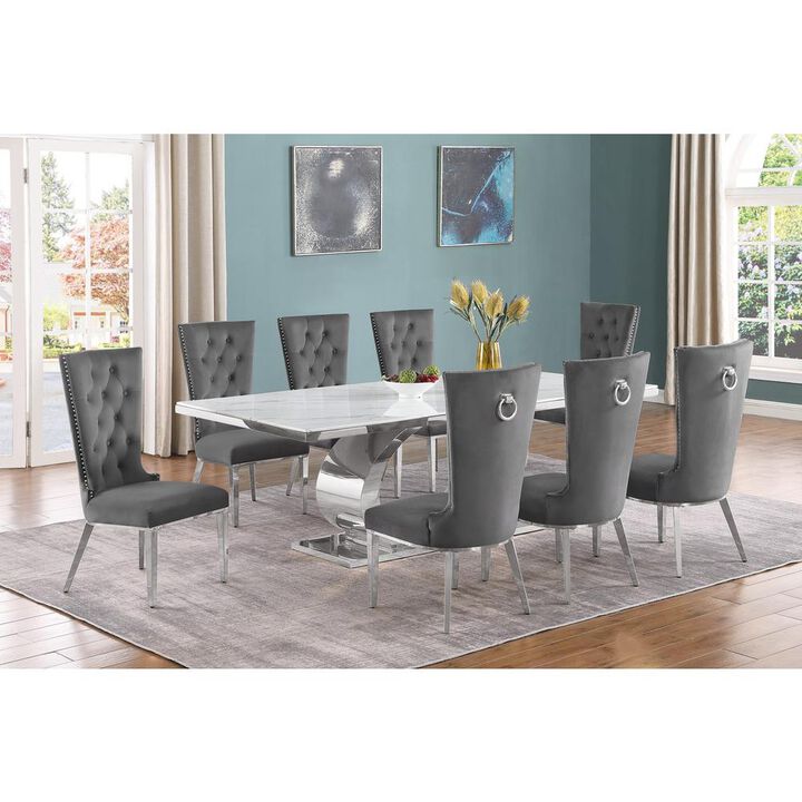 Best Quality Furniture 9pc Large(87) marble top dining set with silver base and  8 Dark grey chairs